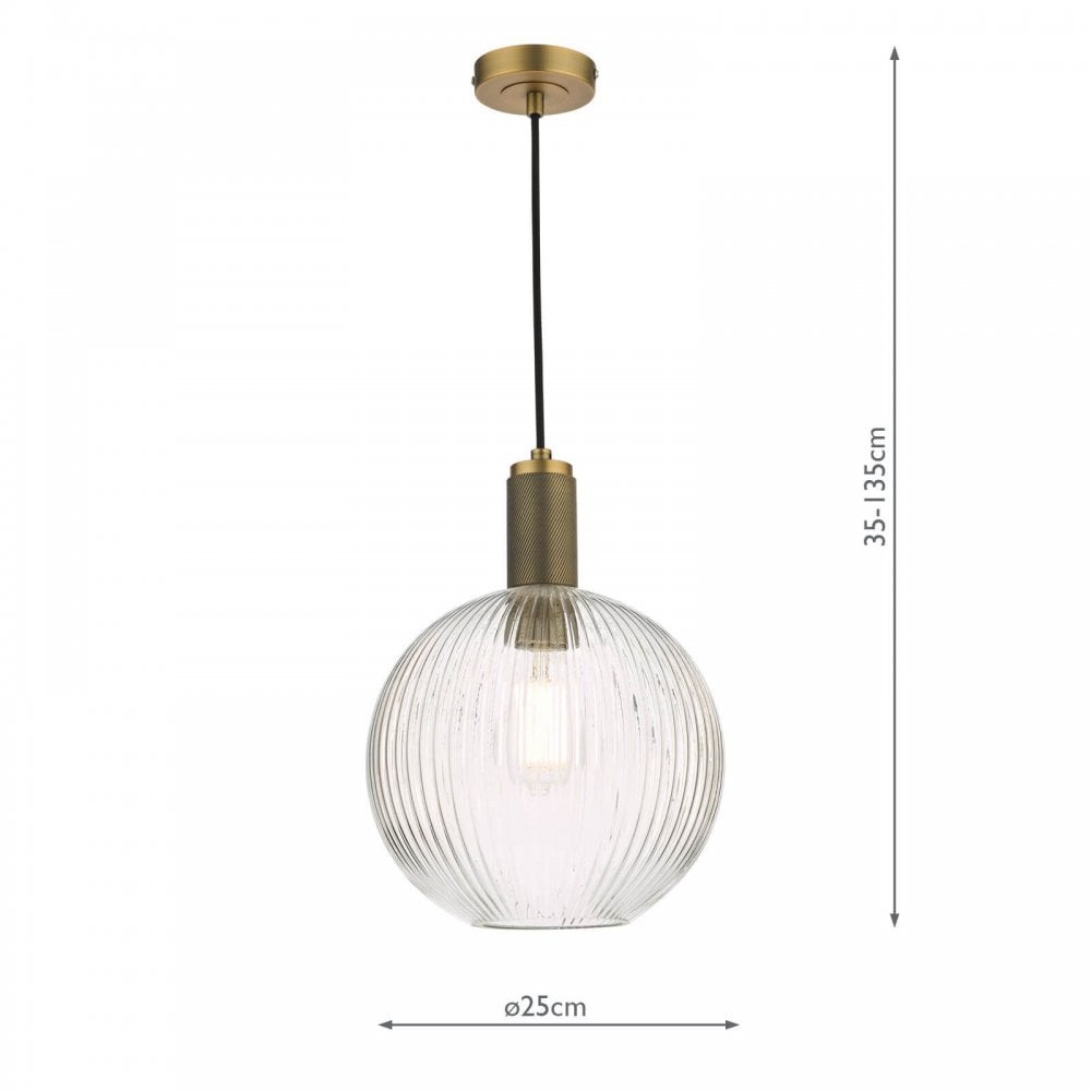 Nikolas Solid Brass Pendant C/W Round Ribbed Glass Shade