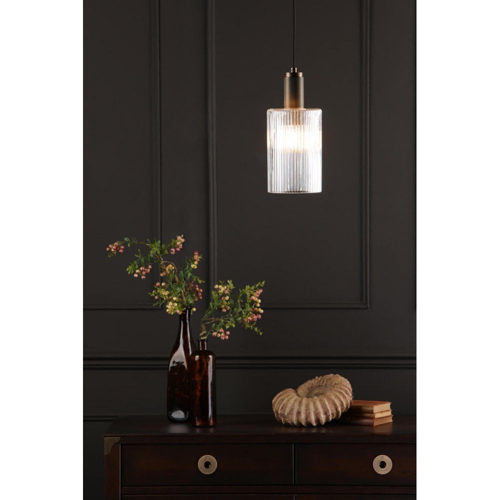Nikolas Solid Brass Pendant C/W Cylinder Ribbed Glass Shade