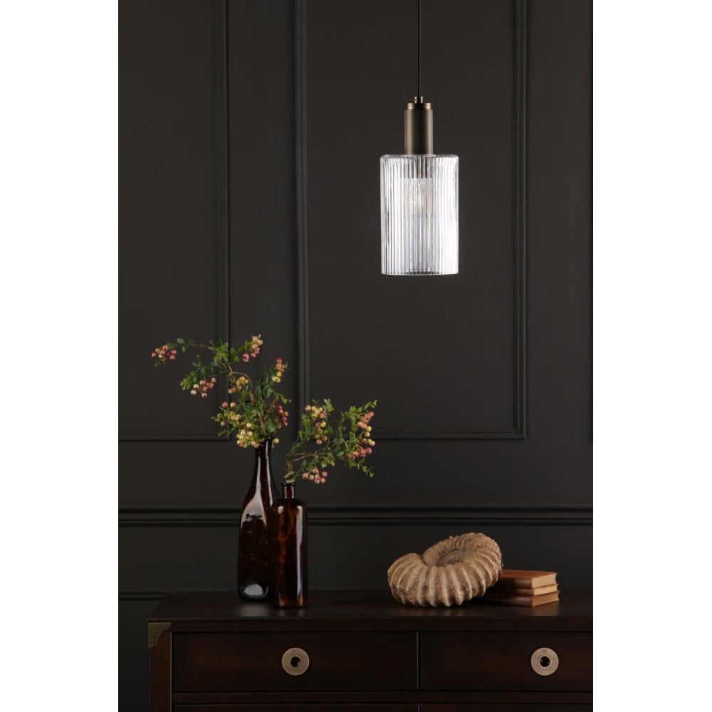Nikolas Solid Brass Pendant C/W Cylinder Ribbed Glass Shade