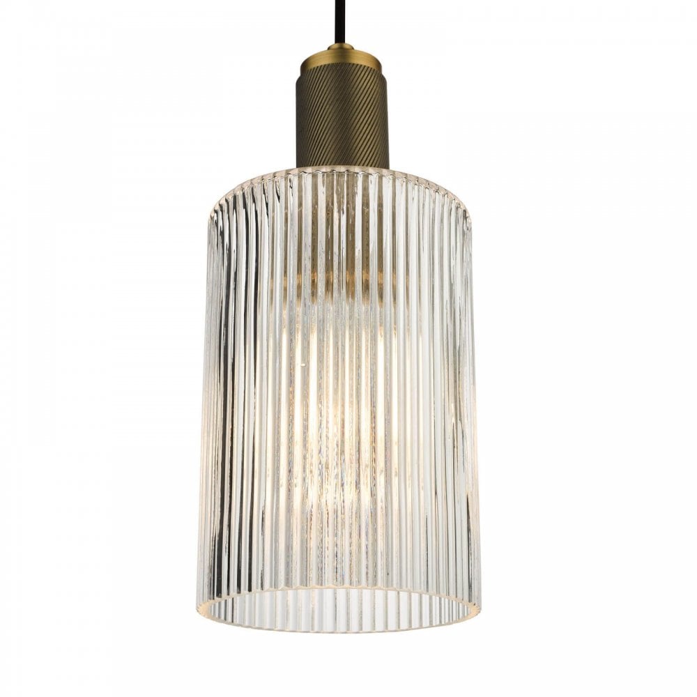 Nikolas Solid Brass Pendant C/W Cylinder Ribbed Glass Shade