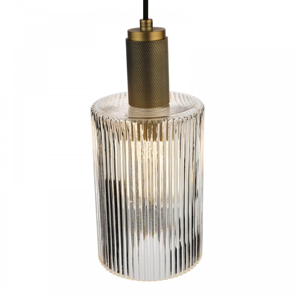 Nikolas Solid Brass Pendant C/W Cylinder Ribbed Glass Shade