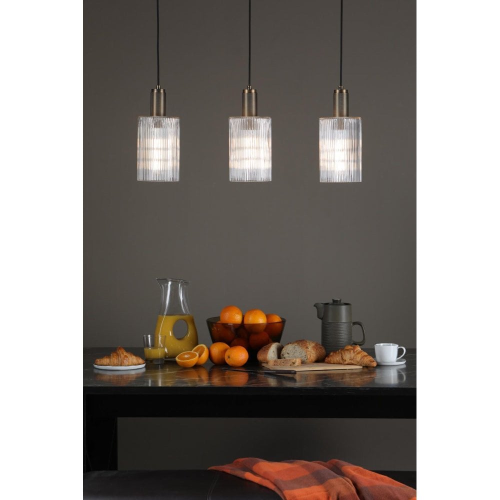 Nikolas Solid Brass Pendant C/W Cylinder Ribbed Glass Shade