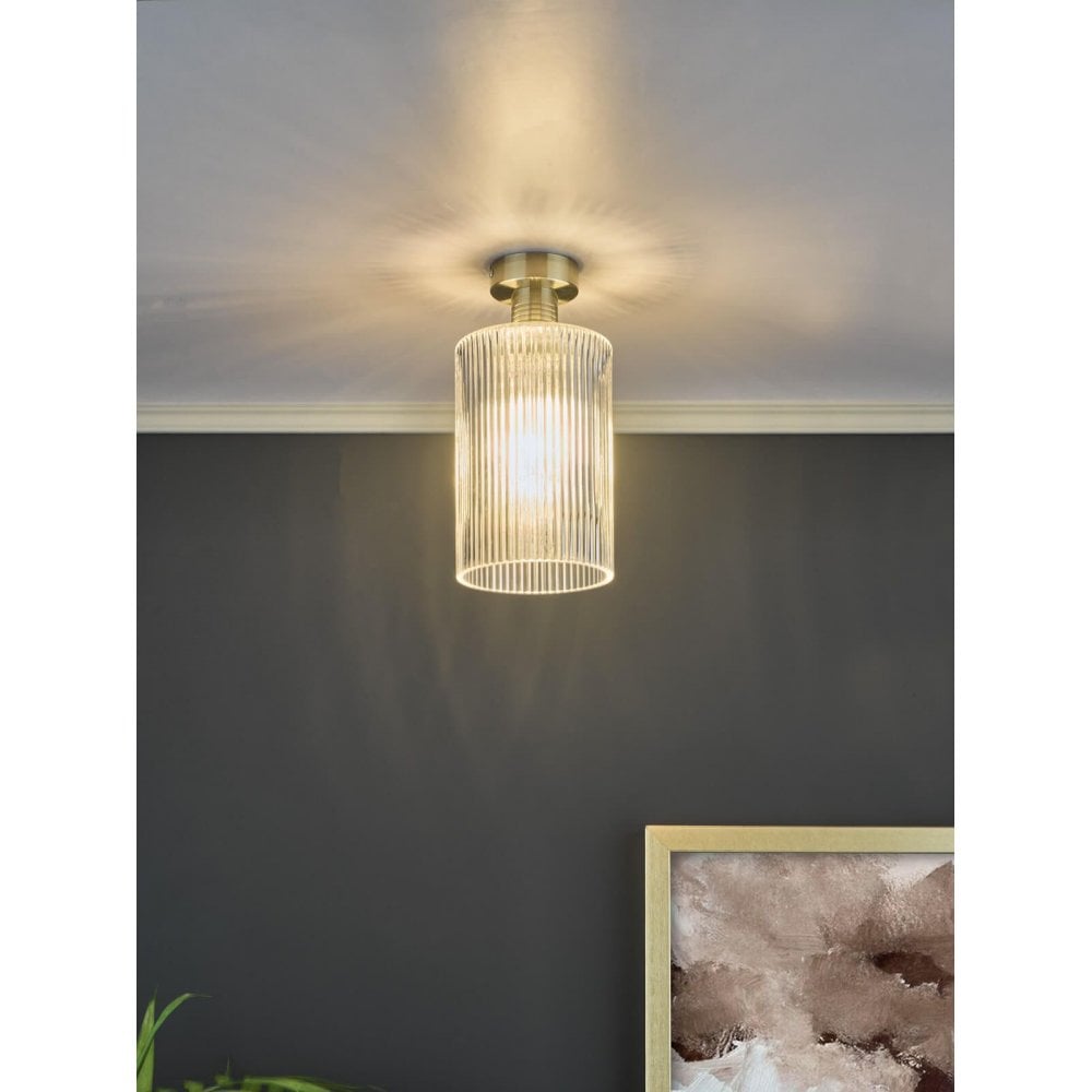 Emerson Semi Flush Antique Brass Cylinder Ribbed Glass