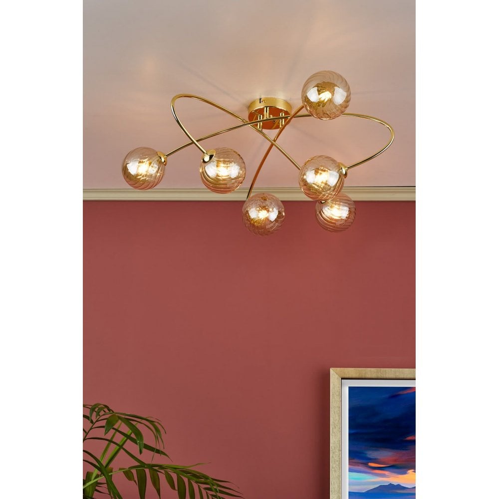 Etta 6 Light Semi Flush Fitting in Polished Gold & Champagne Glass