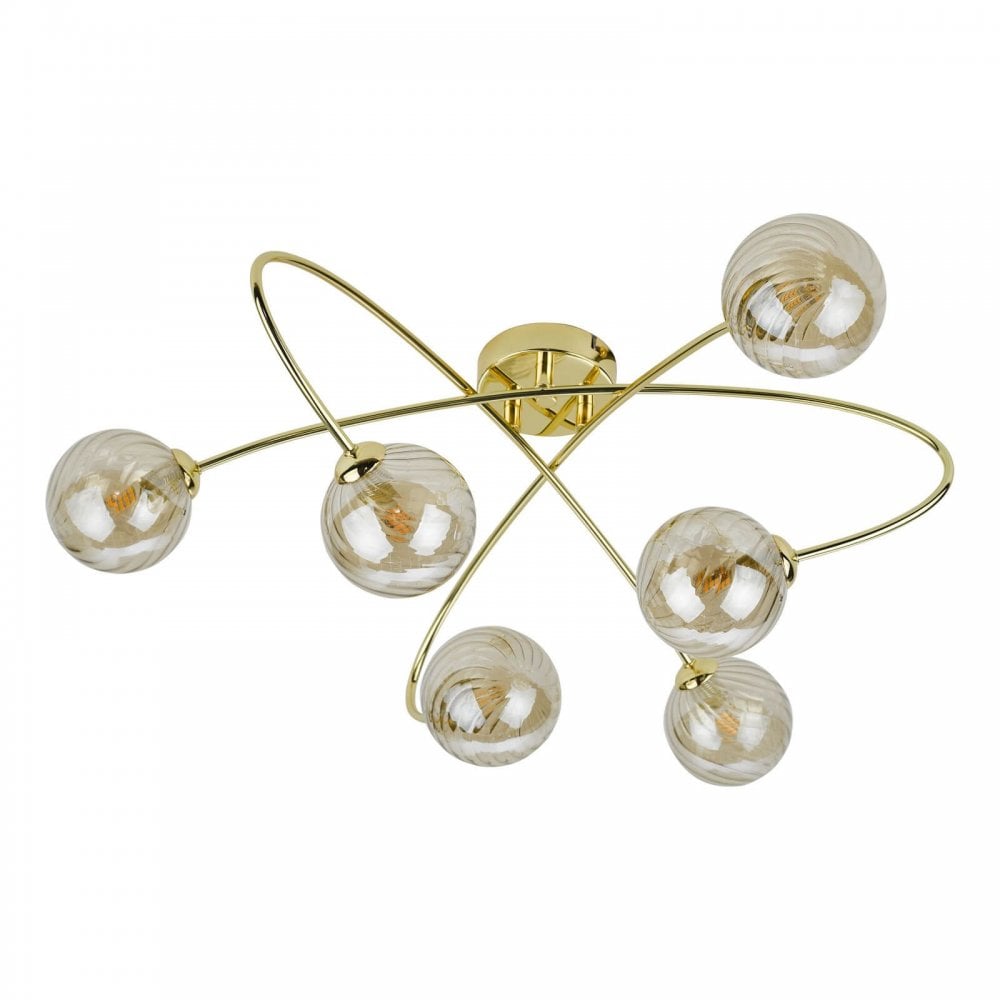 Etta 6 Light Semi Flush Fitting in Polished Gold & Champagne Glass