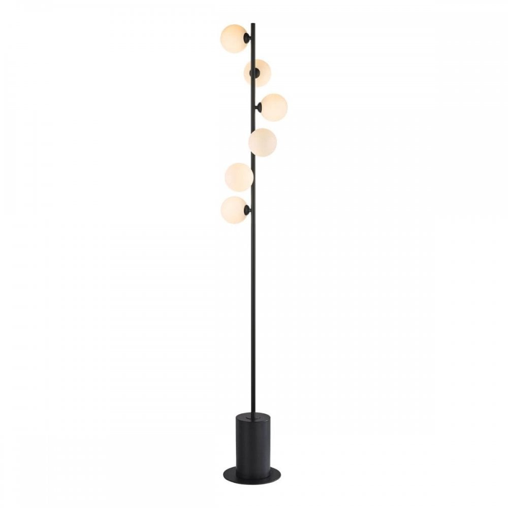 Spiral 6 Light Matt Black Floor Lamp with Opal Glass