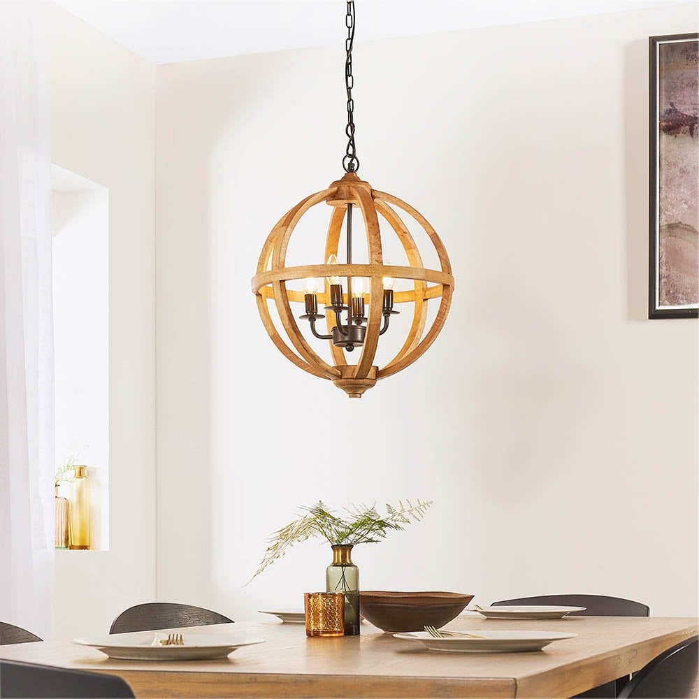 Toba 4 Light Pendant with Wood & Bronze Finish