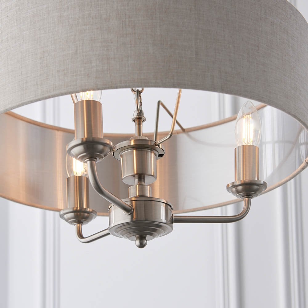 Highclere 3 Light Pendant in Brushed Chrome C/W Natural Shade