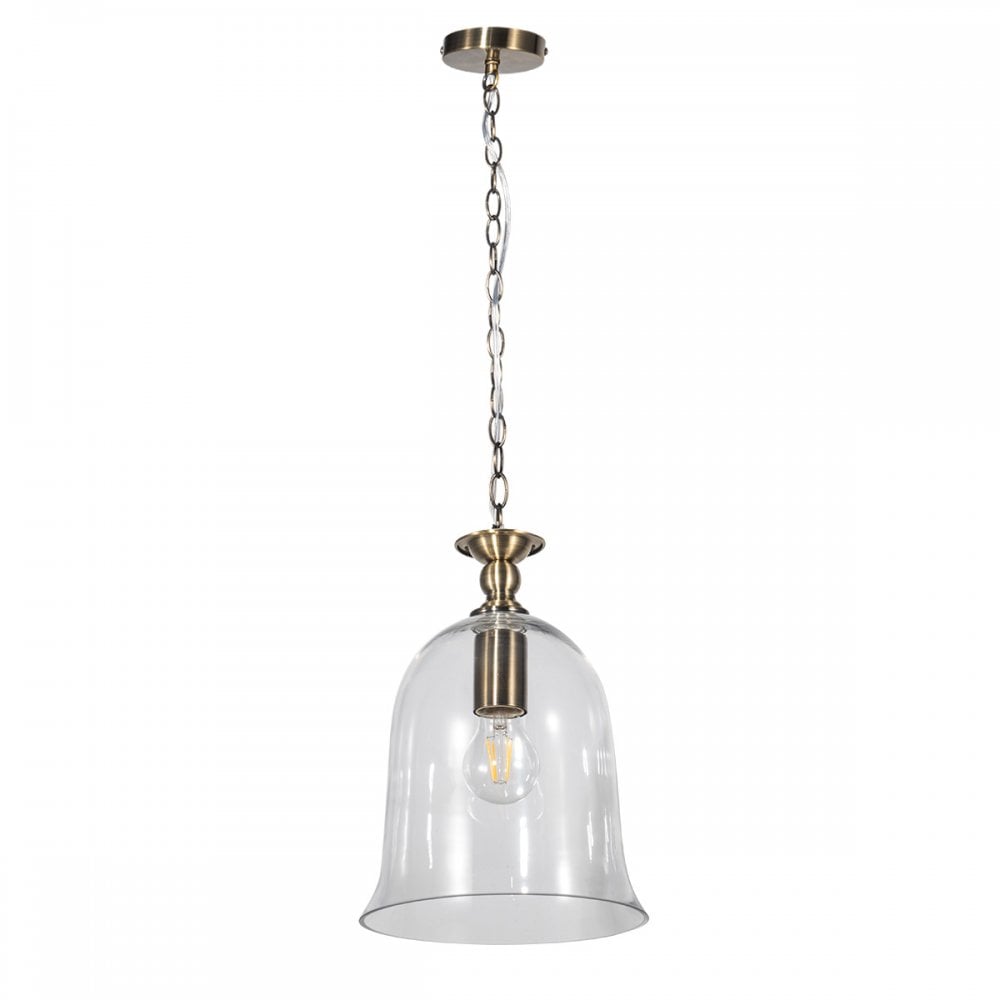 Bell Single Clear Glass Pendant in Antique Brass