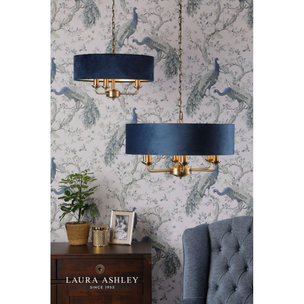Sorrento 3 Light Pendant in Antique Brass C/W Blue Shade
