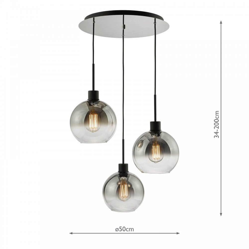 Lycia 3 Light Black Cluster Pendant with Smoked Glass Shades