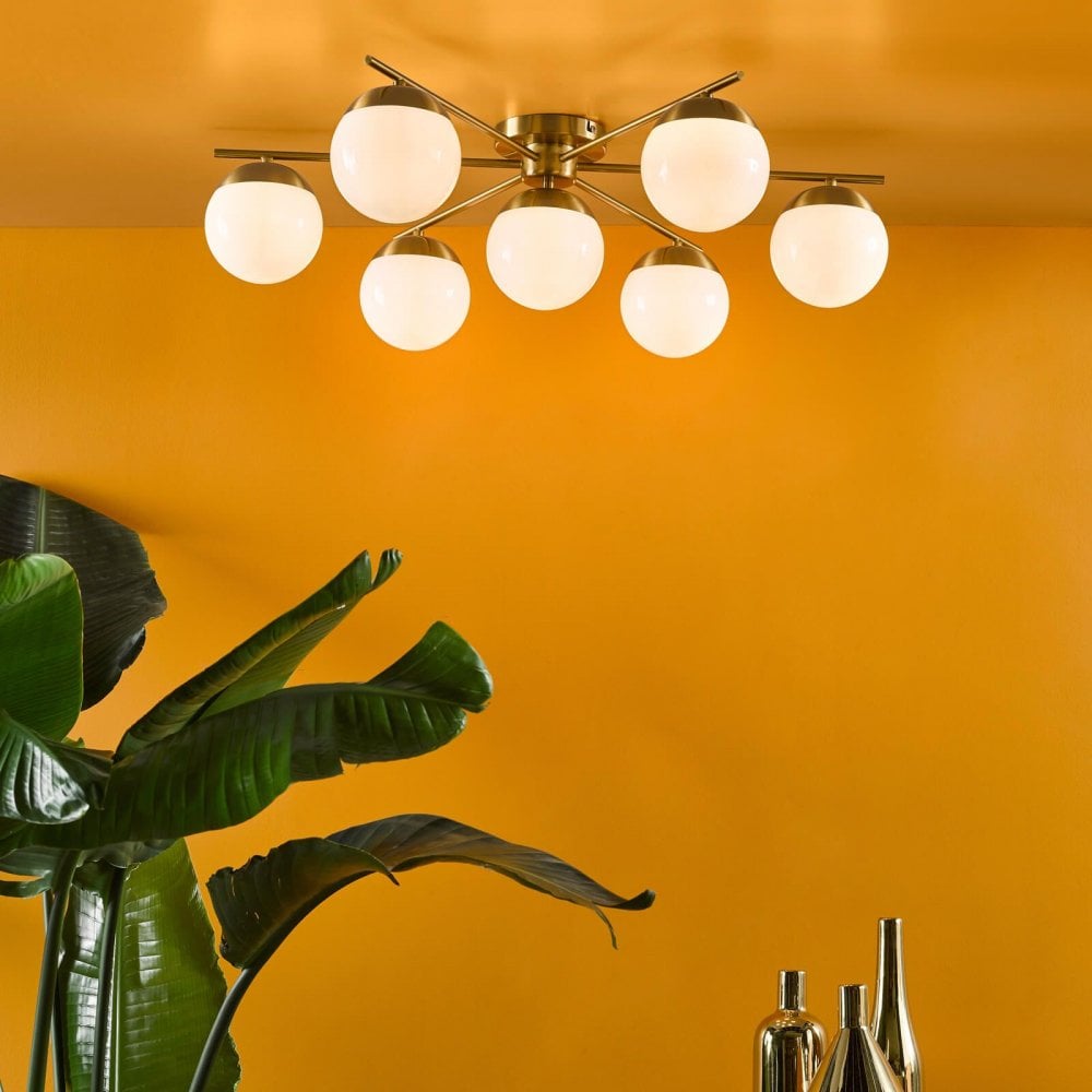 Bombazine 7 Light Semi Flush in Natural Brass C/W Opal Shades