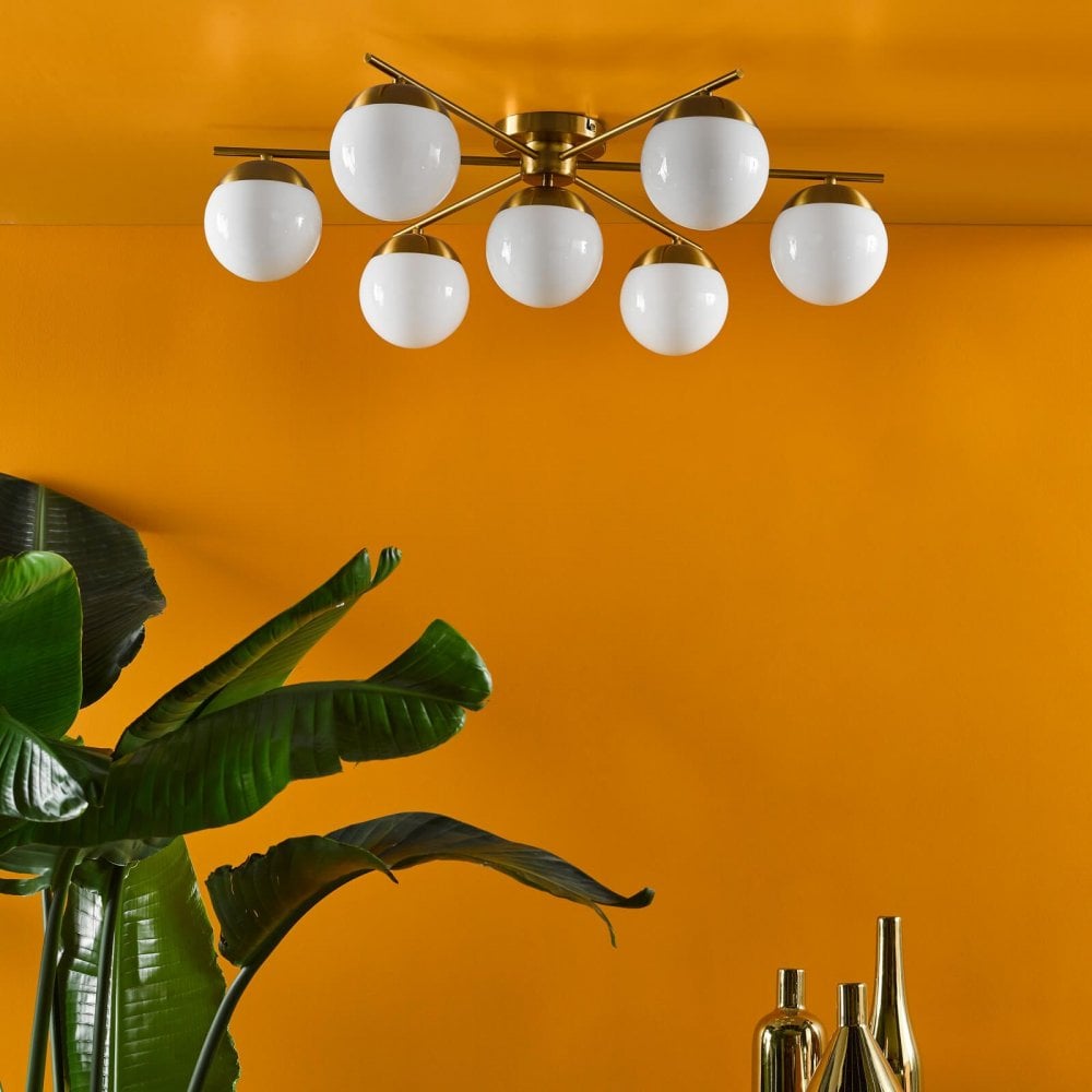 Bombazine 7 Light Semi Flush in Natural Brass C/W Opal Shades