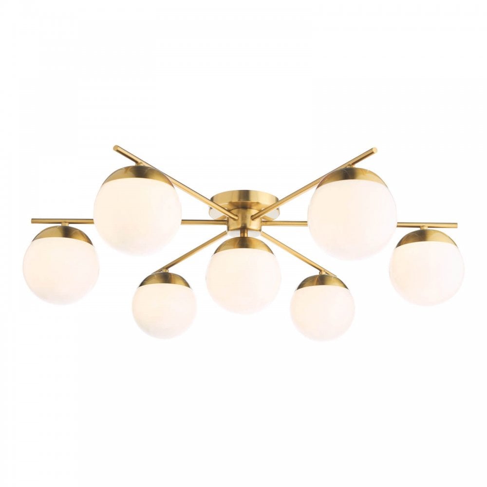 Bombazine 7 Light Semi Flush in Natural Brass C/W Opal Shades