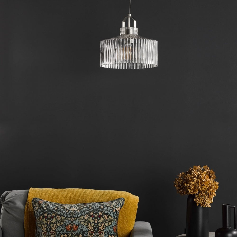 Lenka Satin Nickel & Ribbed Glass Pendant