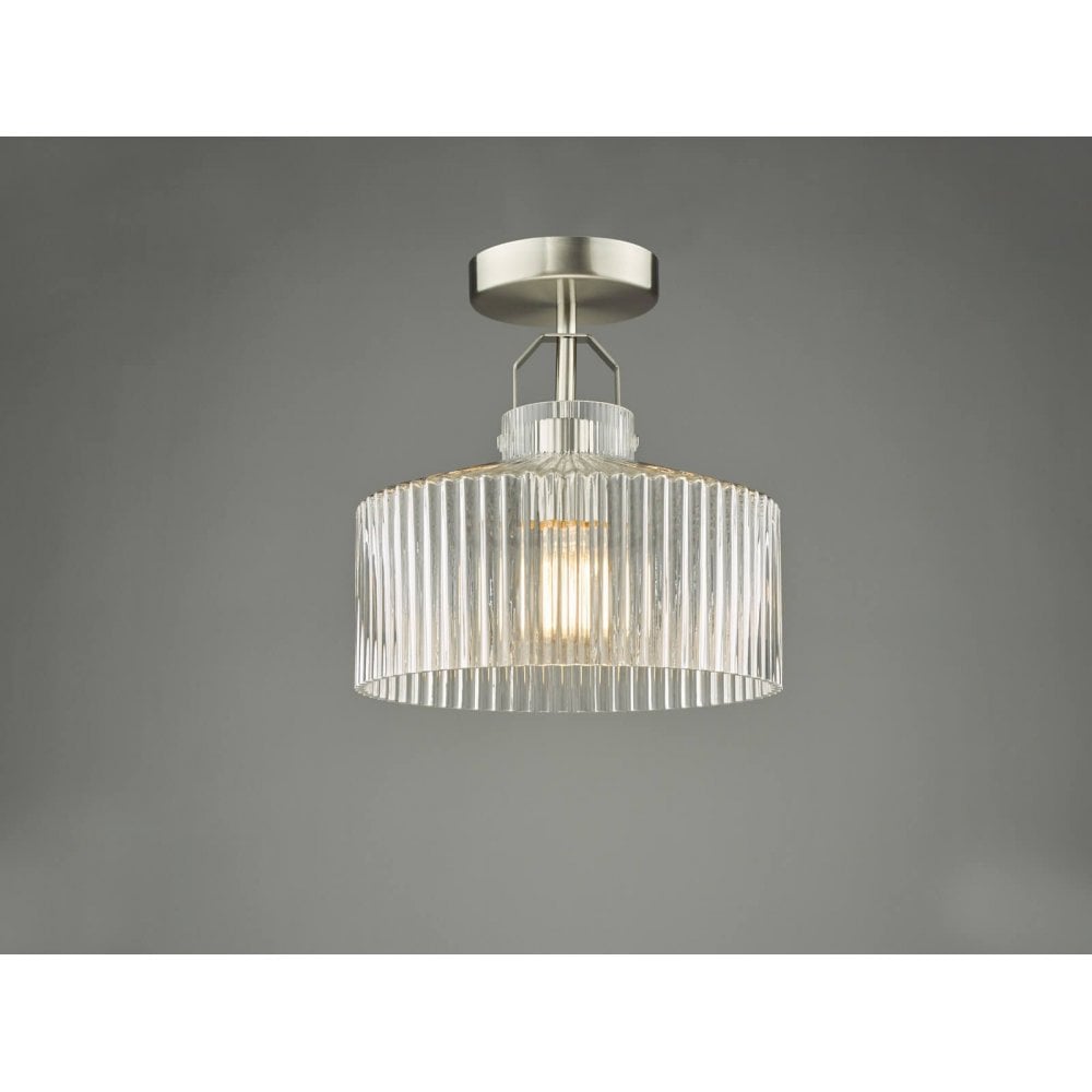Lenka Satin Nickel Semi Flush Fitting with Ribbed Glass