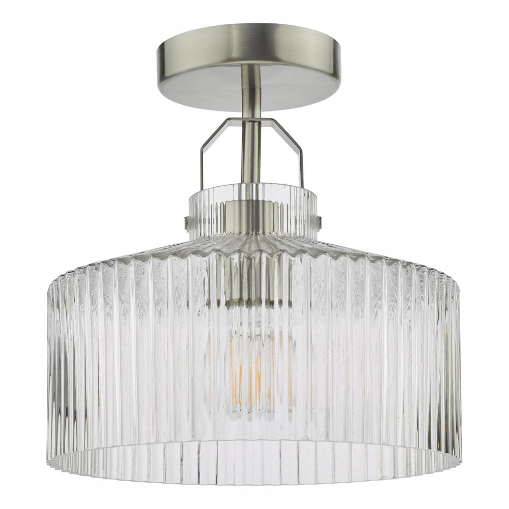 Lenka Satin Nickel Semi Flush Fitting with Ribbed Glass