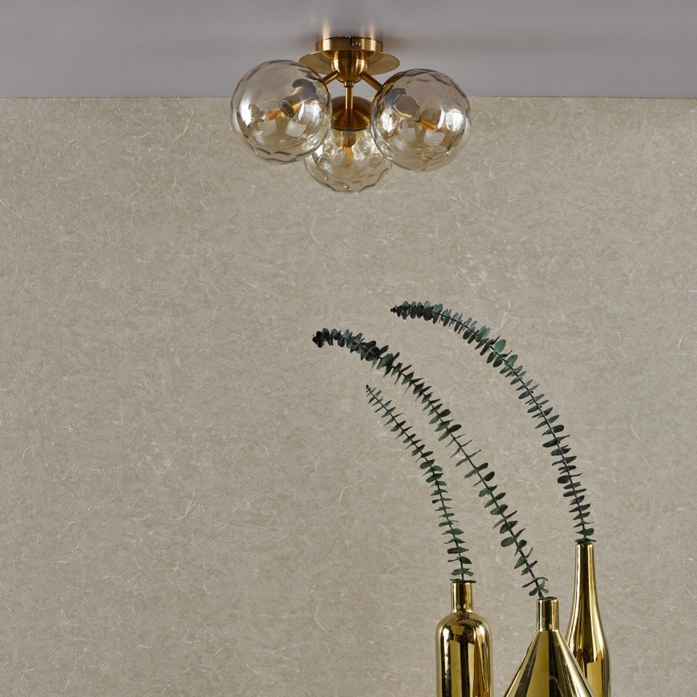 Ulrika 3 Light Antique Brass & Amber Glass Semi Flush