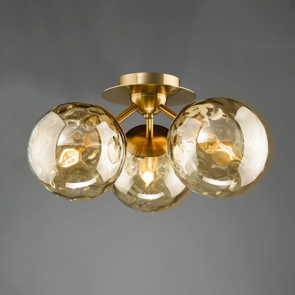 Ulrika 3 Light Antique Brass & Amber Glass Semi Flush