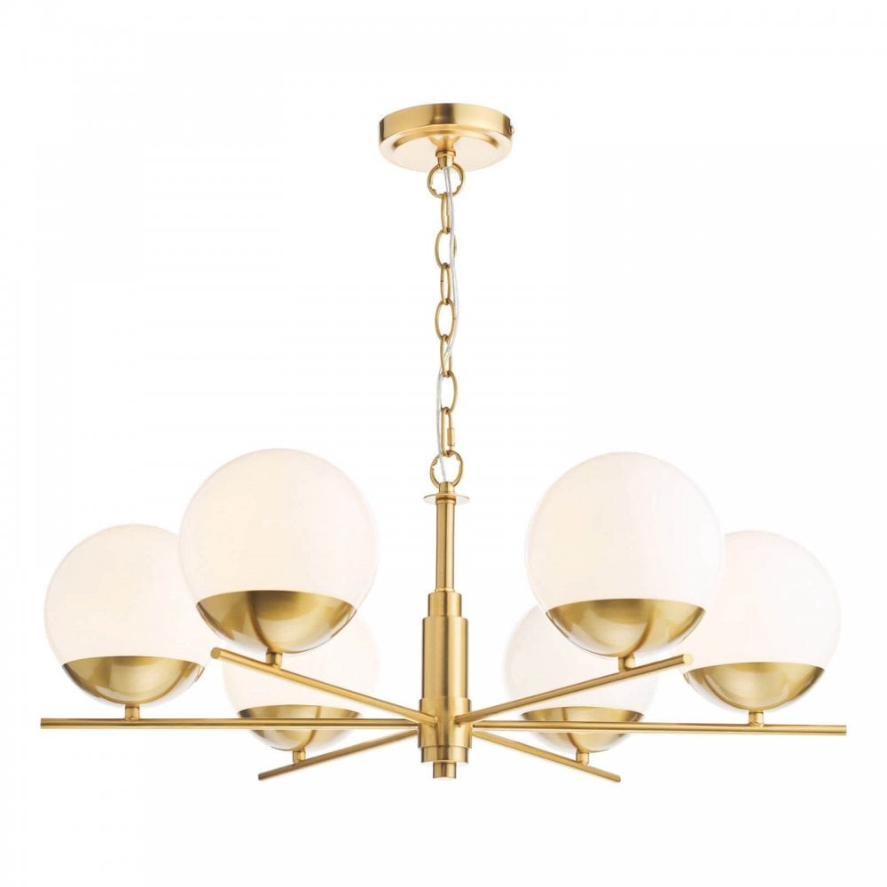 Bombazine 6 Light Pendant in Natural Brass C/W Opal Shades
