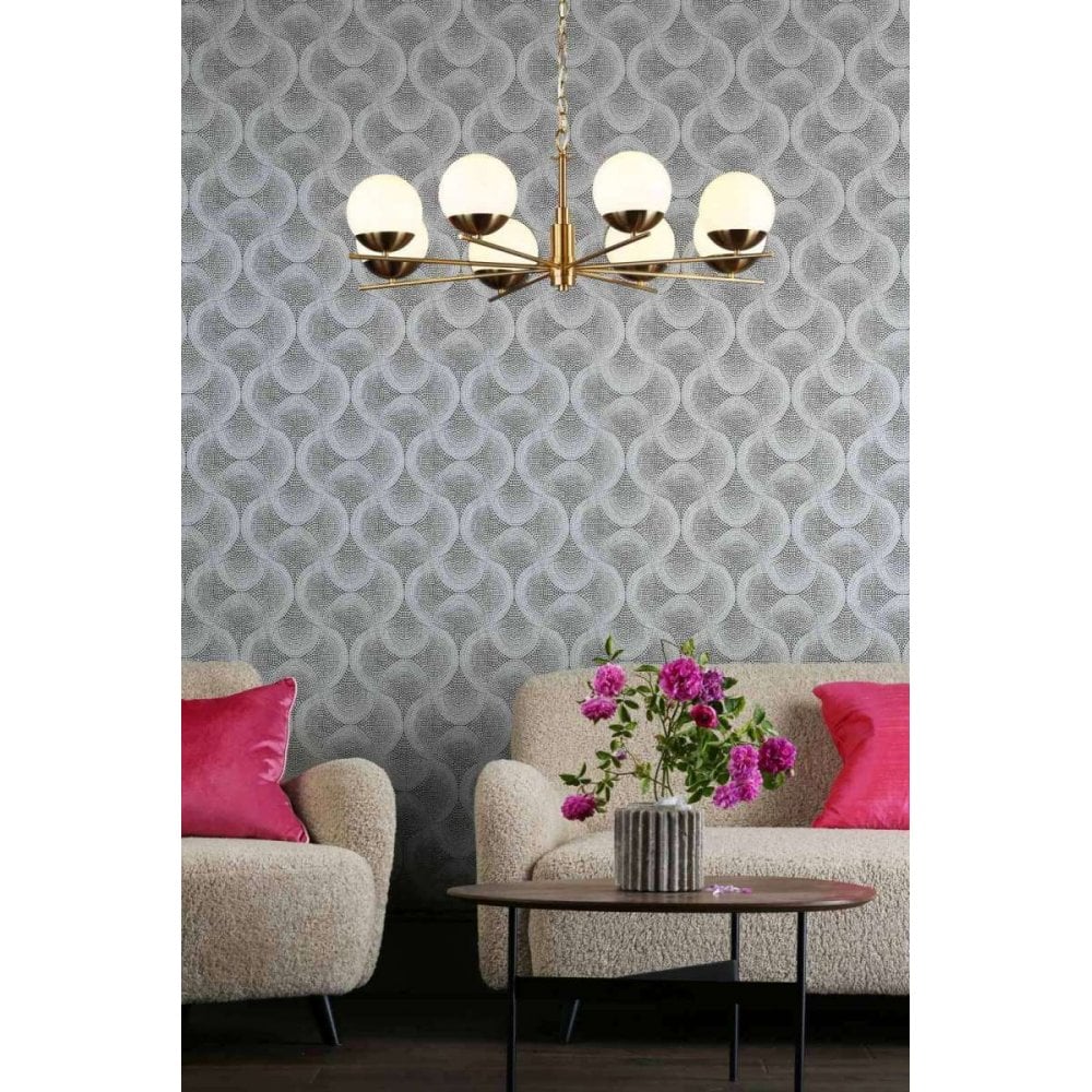 Bombazine 8 Light Pendant in Natural Brass C/W Opal Shades