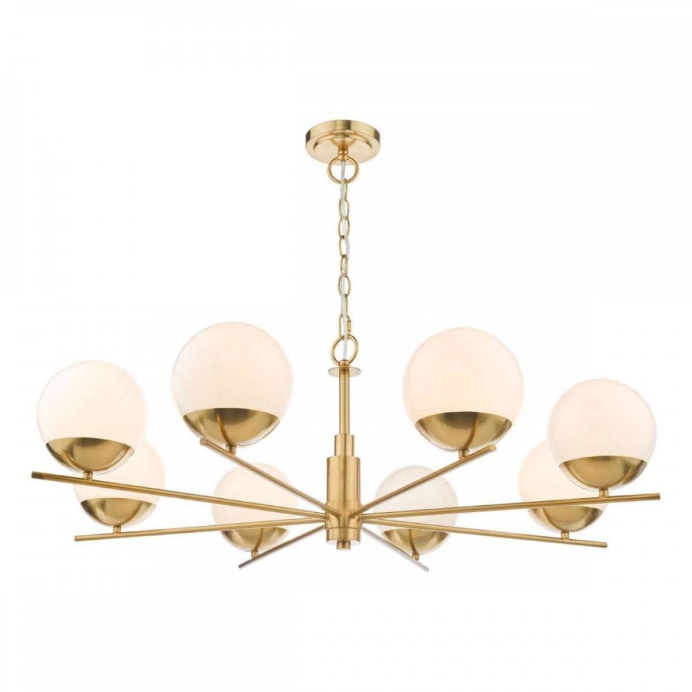 Bombazine 8 Light Pendant in Natural Brass C/W Opal Shades
