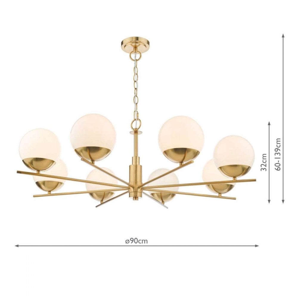 Bombazine 8 Light Pendant in Natural Brass C/W Opal Shades