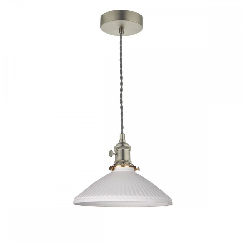Hadano Antique Chrome Pendant with Shallow Ceramic Shade