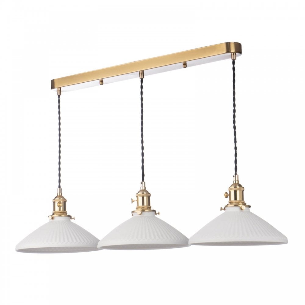 Hadano 3 Light Natural Brass Bar with Ceramic Shallow Shades