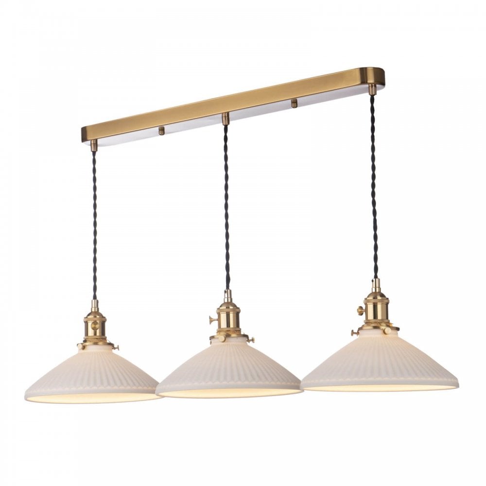 Hadano 3 Light Natural Brass Bar with Ceramic Shallow Shades