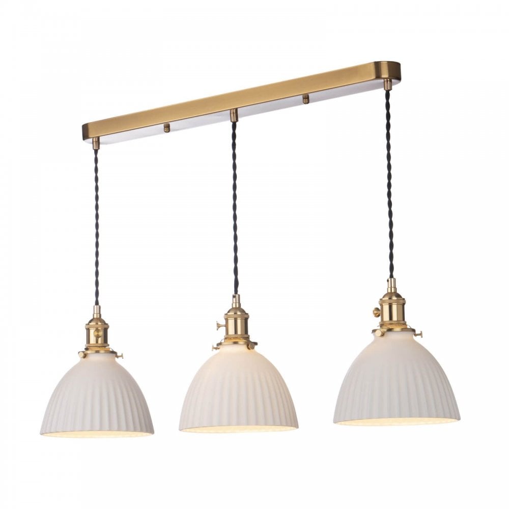 Hadano 3 Light Natural Brass Bar with Ceramic Domed Shades