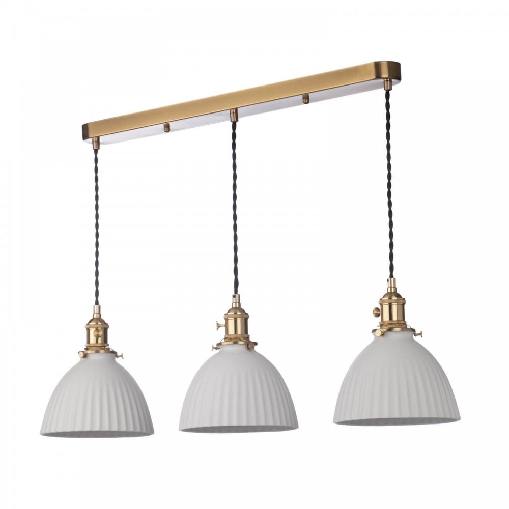 Hadano 3 Light Natural Brass Bar with Ceramic Domed Shades