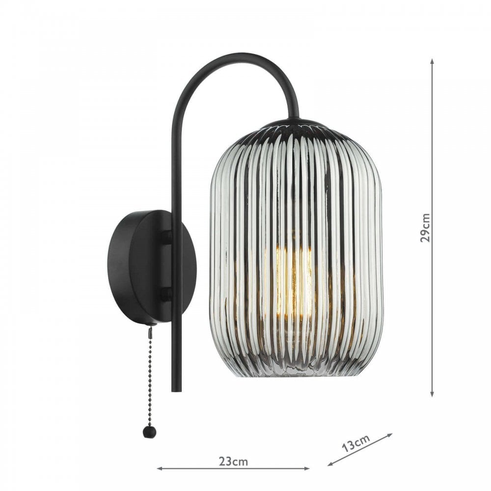 Idra Matt Black Wall Light C/W Smoked Ribbed Shade