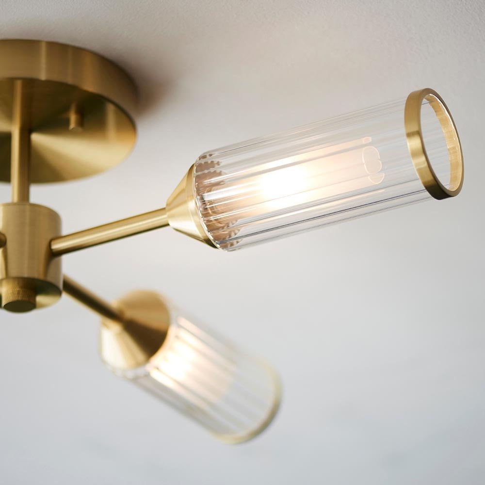 Sally 6 Light Semi Flush Fitting in Satin Brass & Ribbed Glass