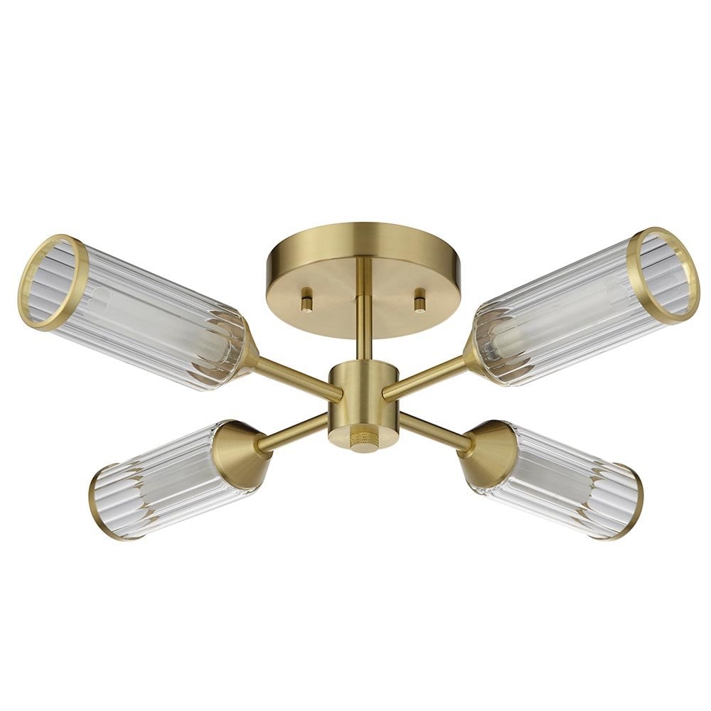 Sally 6 Light Semi Flush Fitting in Satin Brass & Ribbed Glass