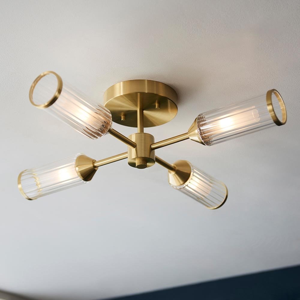 Sally 6 Light Semi Flush Fitting in Satin Brass & Ribbed Glass
