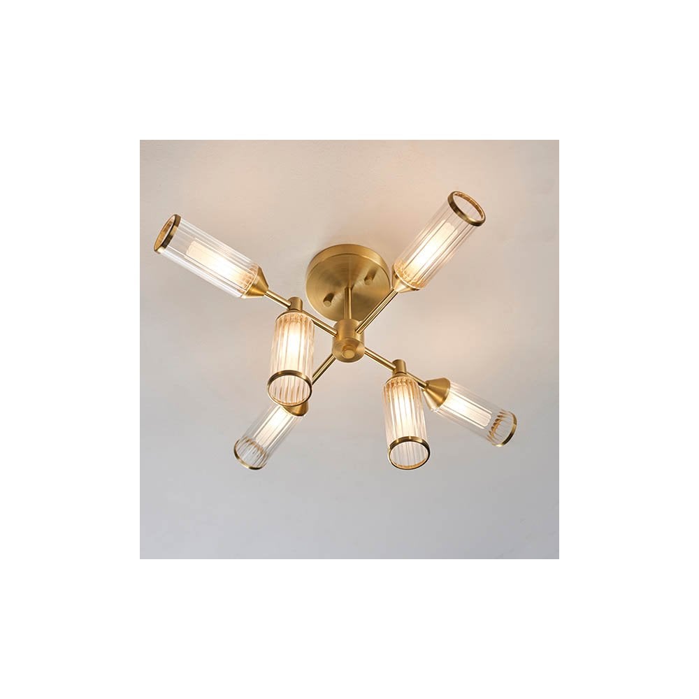 Sally 6 Light Semi Flush Fitting in Satin Brass & Ribbed Glass