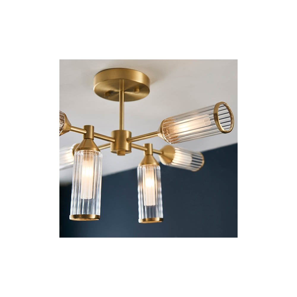 Sally 6 Light Semi Flush Fitting in Satin Brass & Ribbed Glass