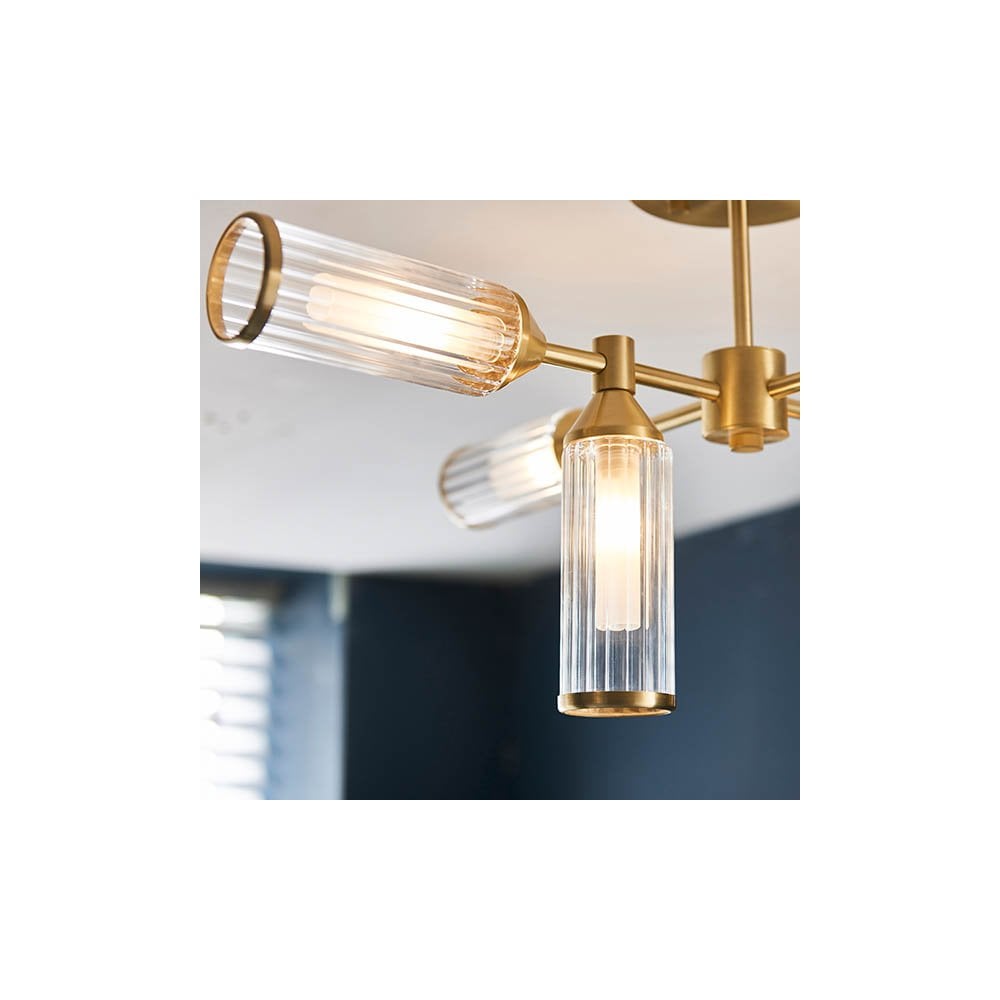 Sally 6 Light Semi Flush Fitting in Satin Brass & Ribbed Glass