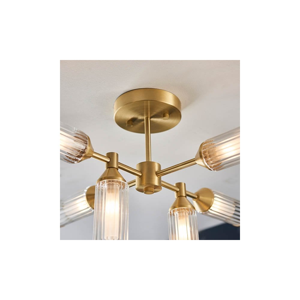 Sally 6 Light Semi Flush Fitting in Satin Brass & Ribbed Glass