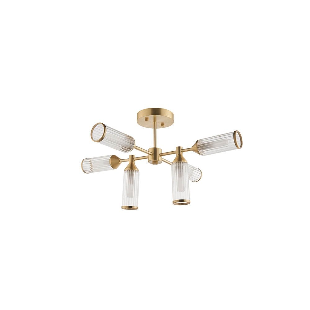 Sally 6 Light Semi Flush Fitting in Satin Brass & Ribbed Glass