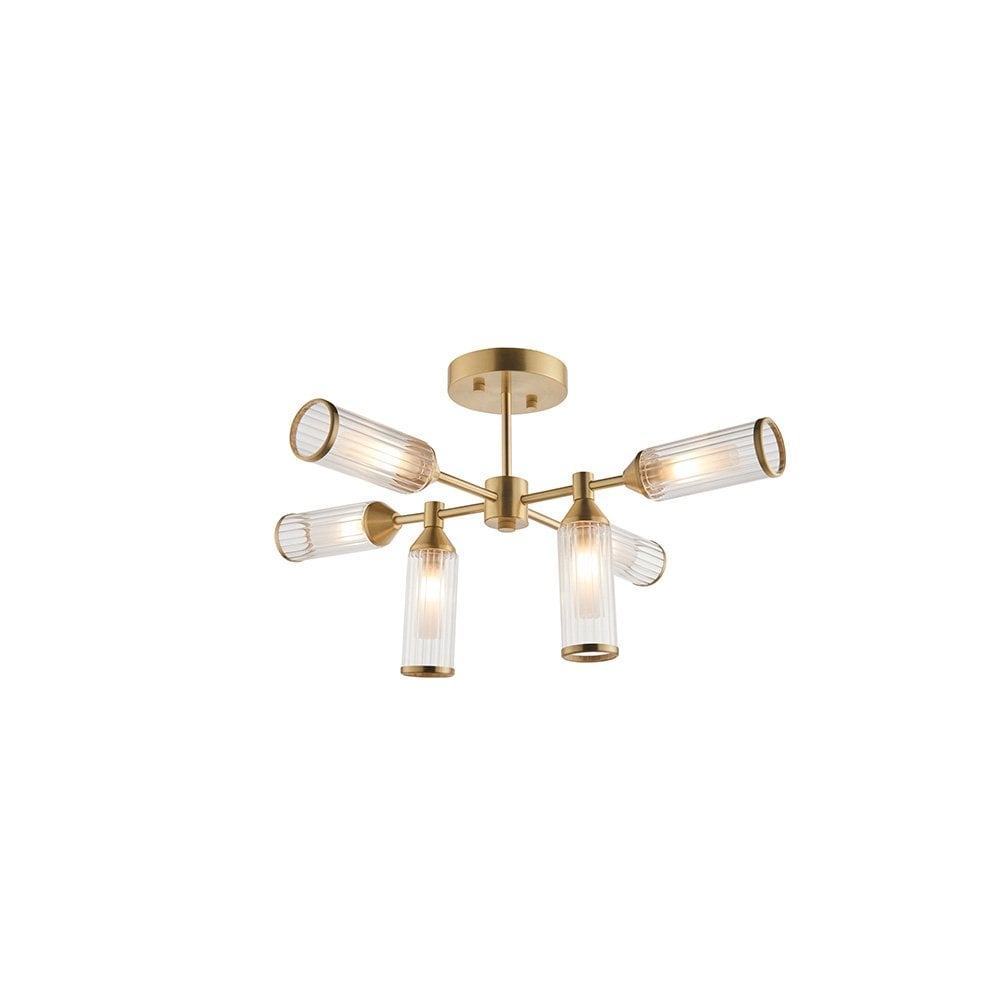 Sally 6 Light Semi Flush Fitting in Satin Brass & Ribbed Glass