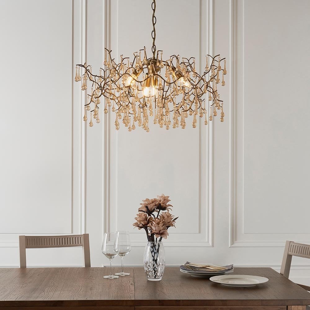 Colin Aged Gold Ceiling Pendant with Glass Droplets