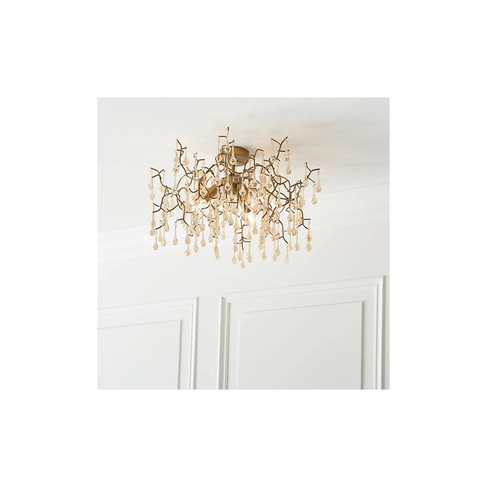 Colin Aged Gold 3 Light Semi flush with Glass Droplets