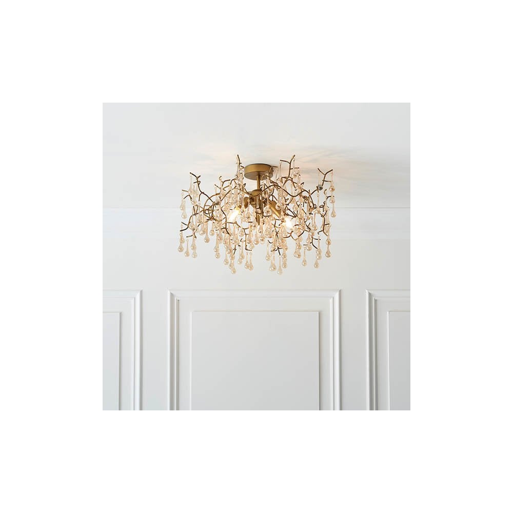 Colin Aged Gold 3 Light Semi flush with Glass Droplets