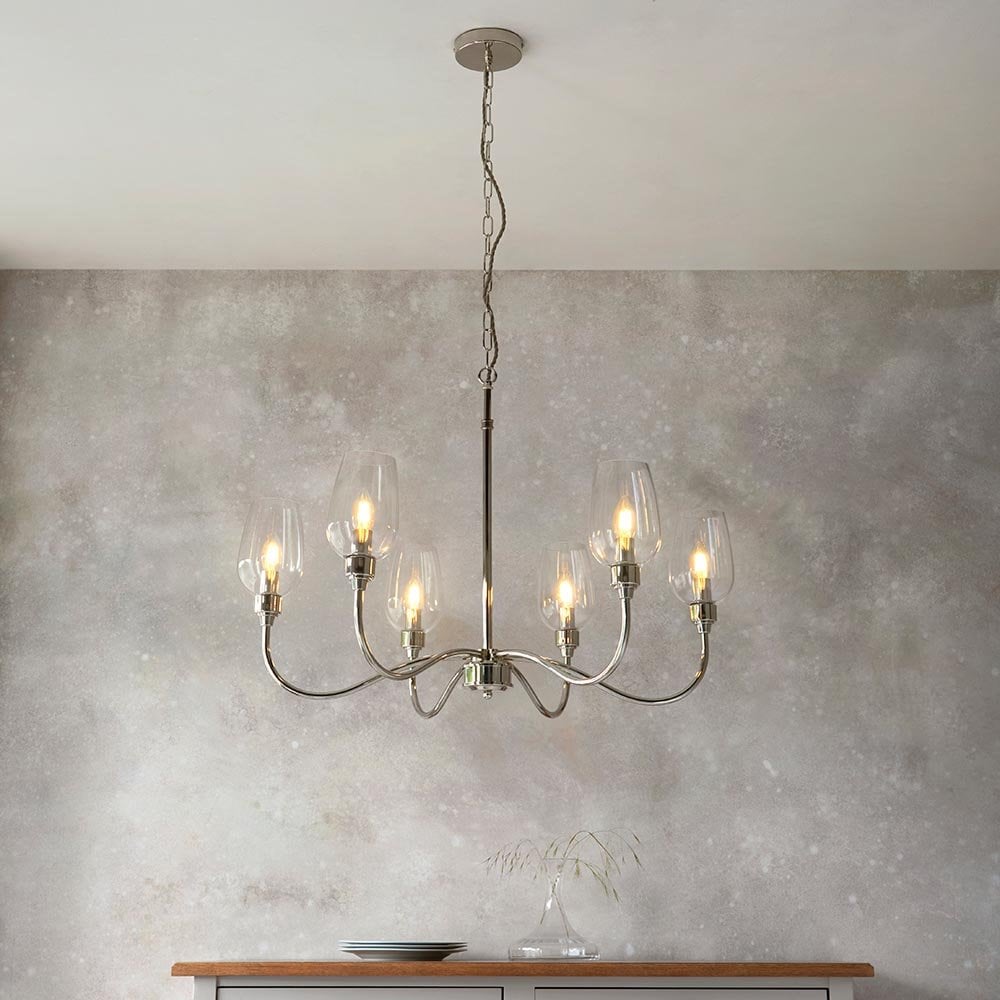 Pure 6 Light Bright Nickel Fitting with Glass Shades
