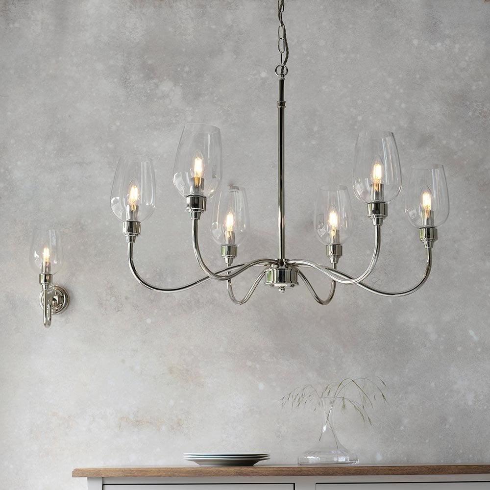 Pure 6 Light Bright Nickel Fitting with Glass Shades