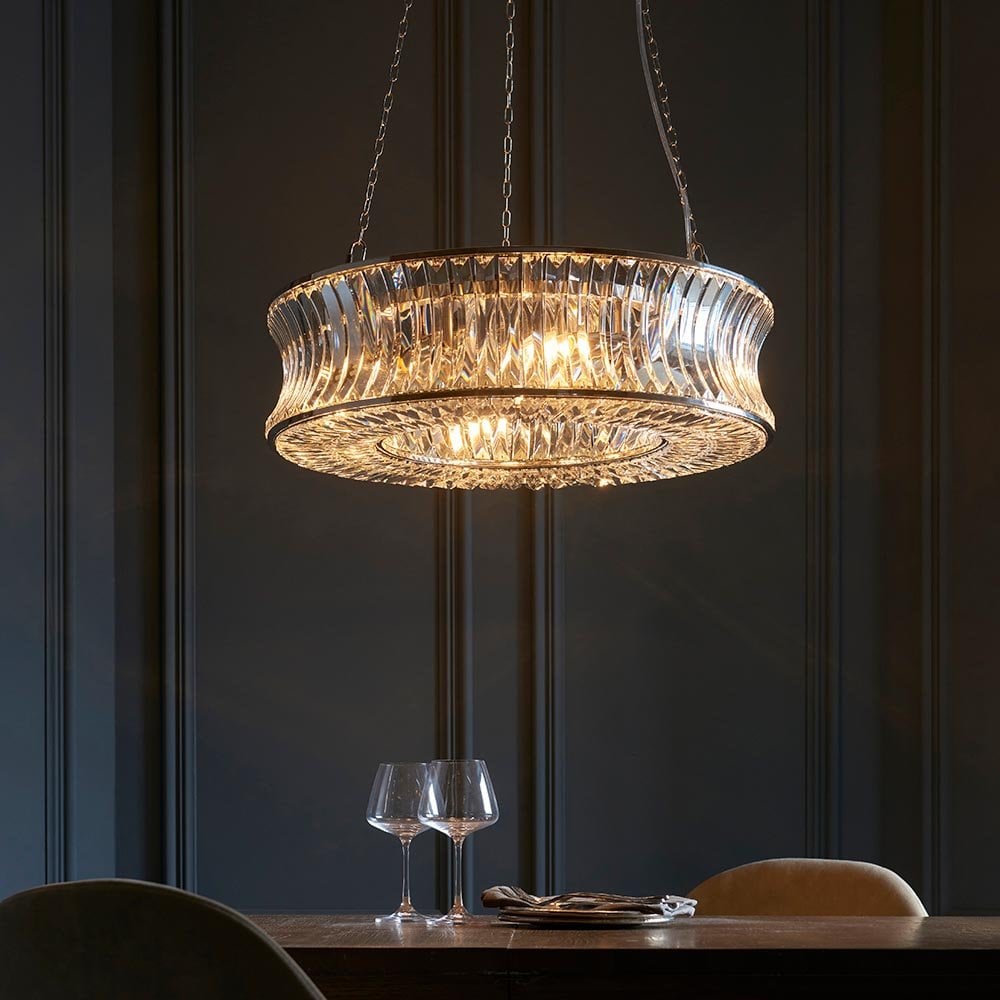 Alice Bright Nickel 6 Light Pendant with Concave Clear Glass