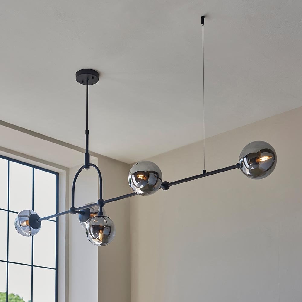 Erin Matt Black Linear Pendant C/W Grey Tinted Glass Shades