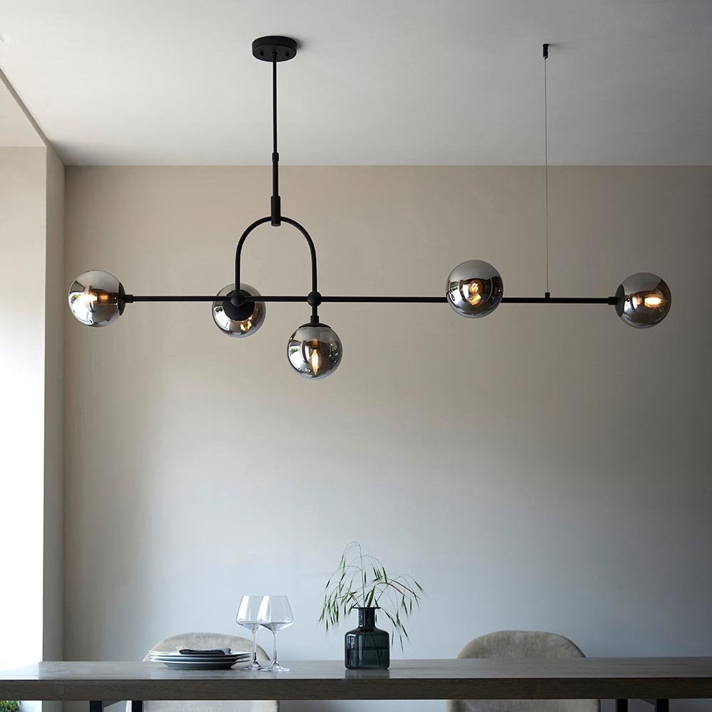 Erin Matt Black Linear Pendant C/W Grey Tinted Glass Shades